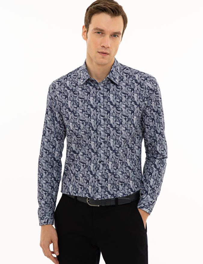 Lacivert Slim Fit Uzun Kollu Gömlek