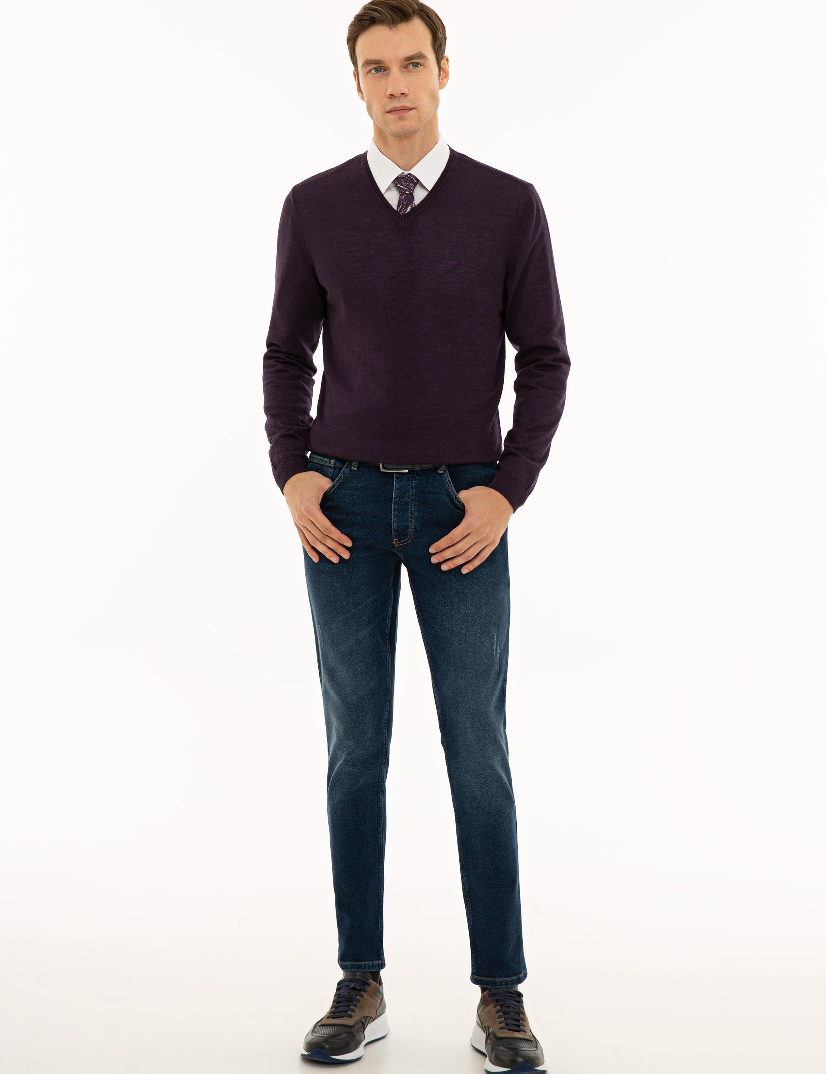 Mor Slim Fit V Yaka Basic Triko Kazak - 50229755111
