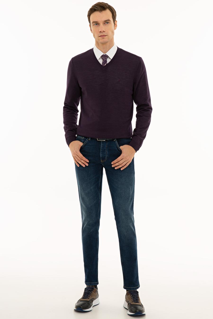 Mor Slim Fit V Yaka Basic Triko Kazak - 50229755111