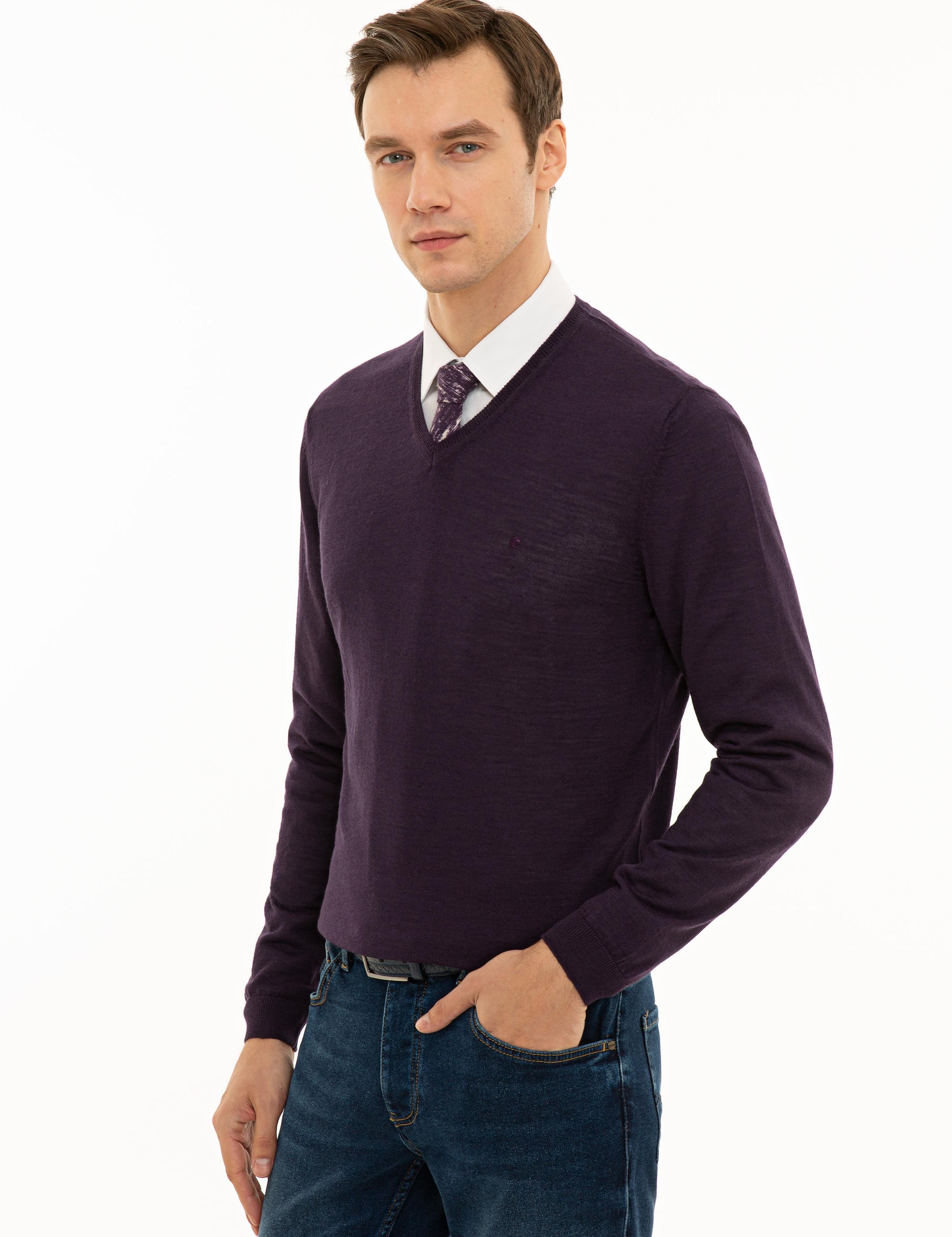 Mor Slim Fit V Yaka Basic Triko Kazak - 50229755111