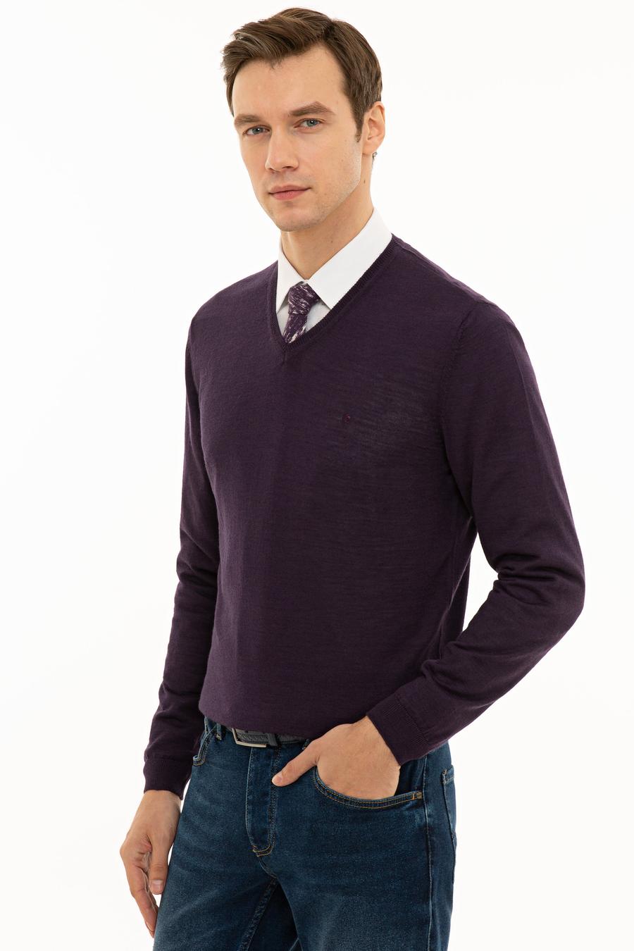 Mor Slim Fit V Yaka Basic Triko Kazak - 50229755111
