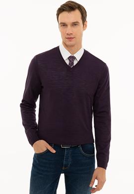 Mor Slim Fit V Yaka Basic Triko Kazak