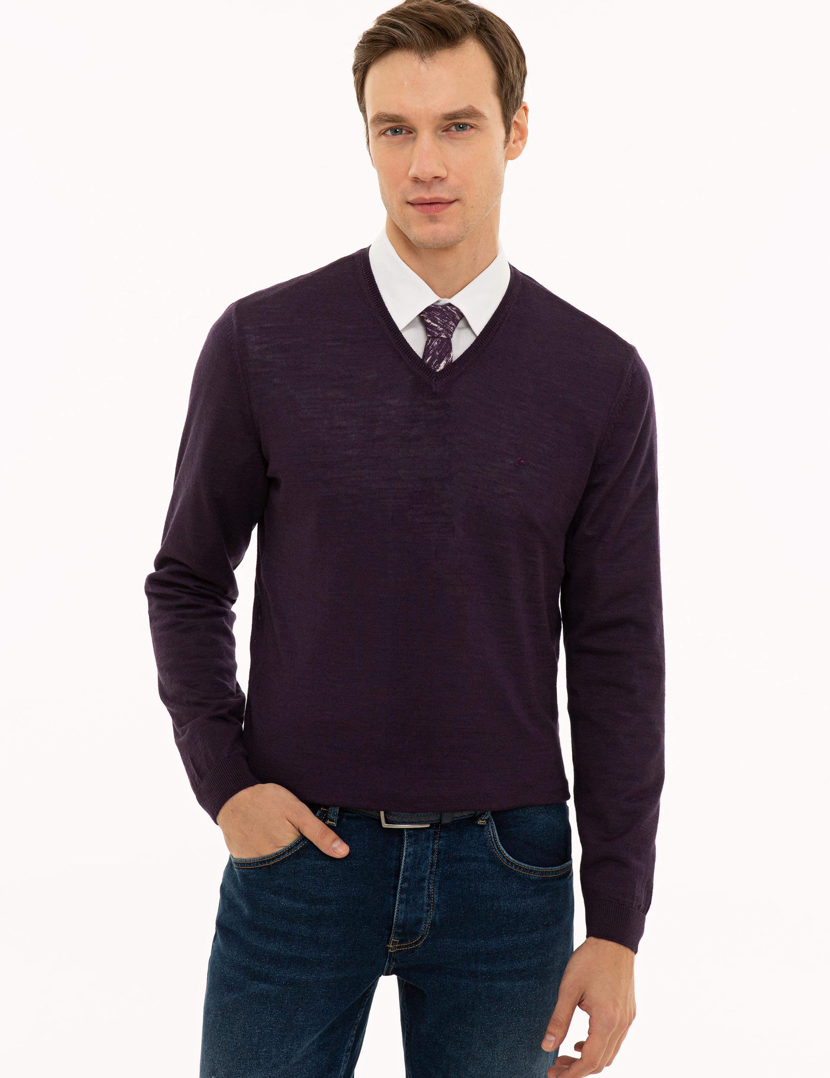 Mor Slim Fit V Yaka Basic Triko Kazak - 50229755111