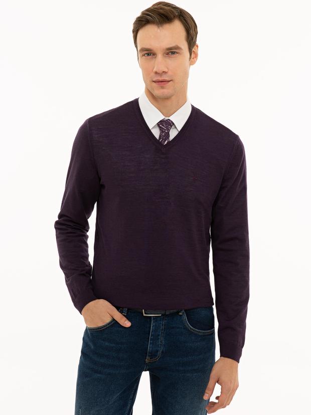 Mor Slim Fit V Yaka Basic Triko Kazak
