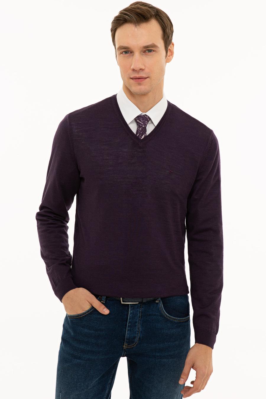 Mor Slim Fit V Yaka Basic Triko Kazak - 50229755111