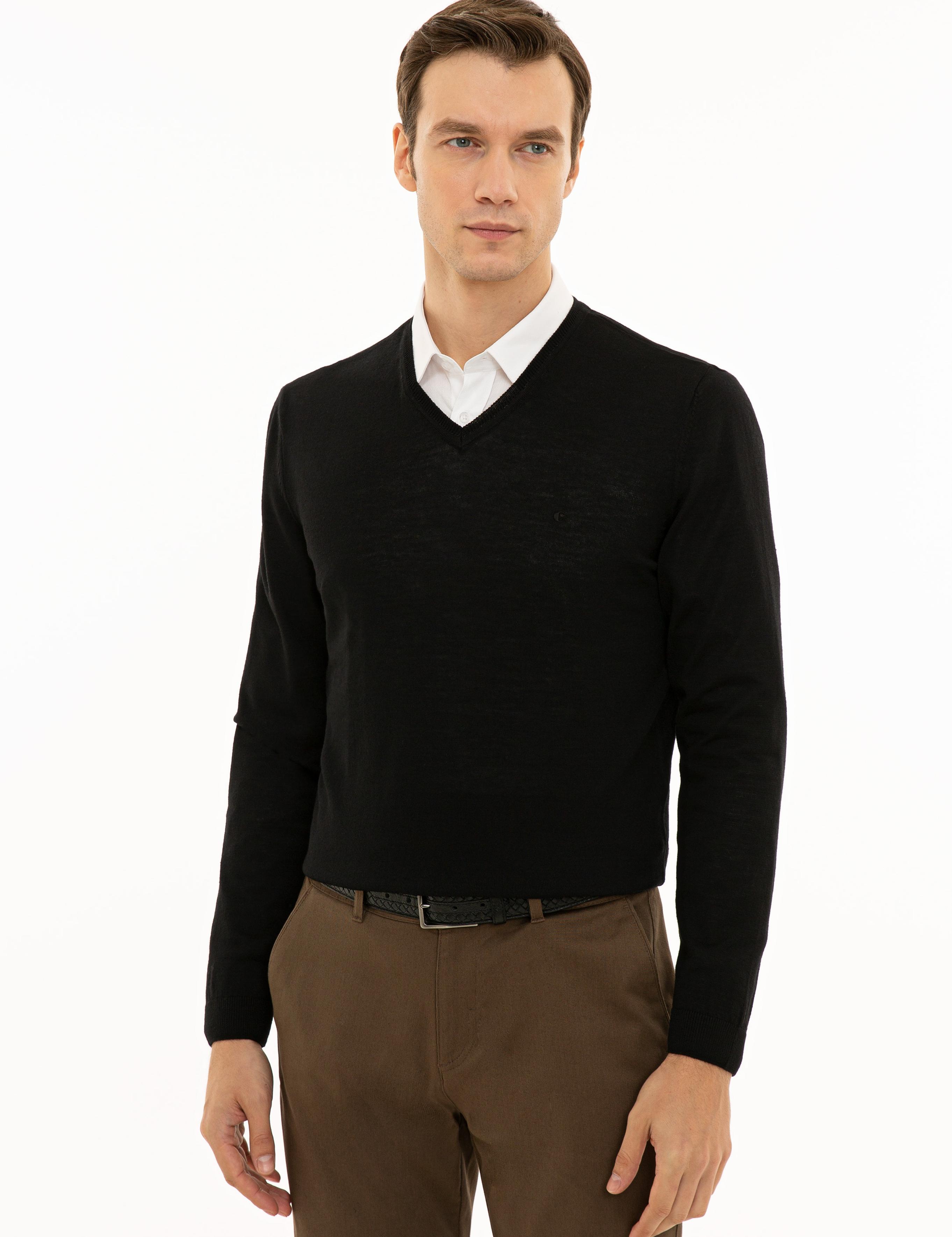 Siyah Slim Fit V Yaka Basic Triko Kazak - 50229755005