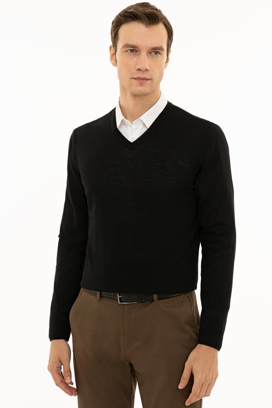 Siyah Slim Fit V Yaka Basic Triko Kazak - 50229755005