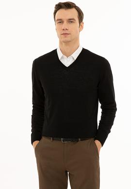Siyah Slim Fit V Yaka Basic Triko Kazak