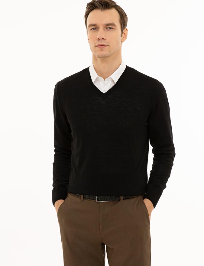 Siyah Slim Fit V Yaka Basic Triko Kazak