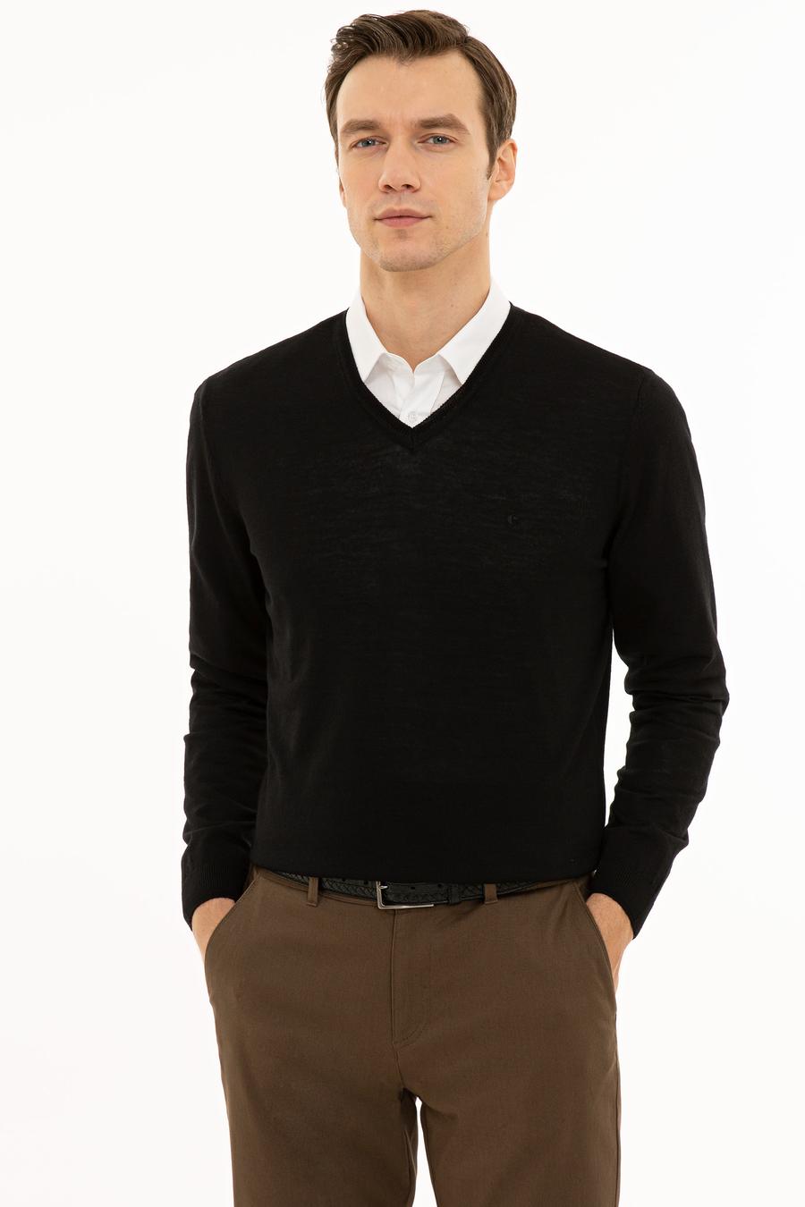 Siyah Slim Fit V Yaka Basic Triko Kazak - 50229755005