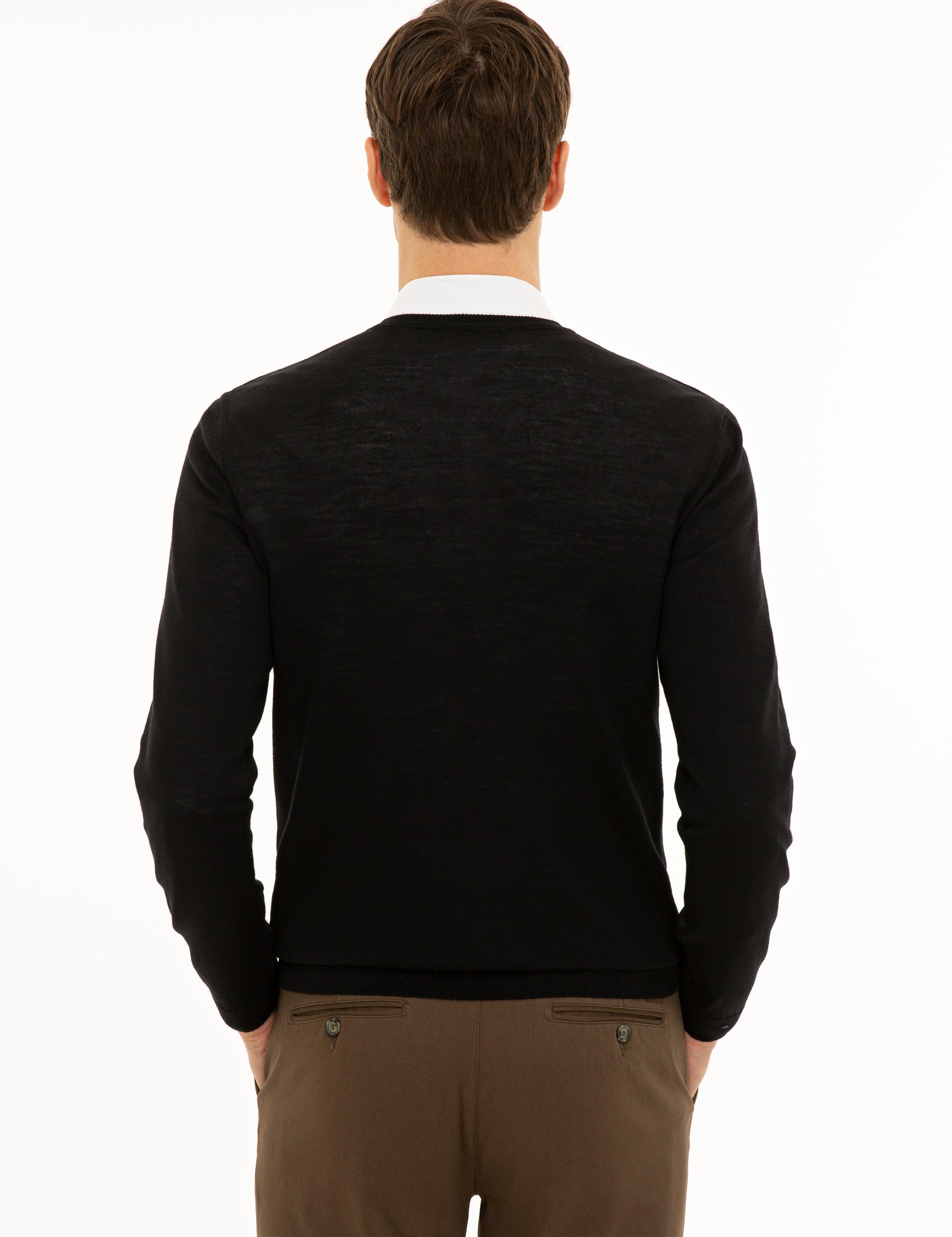 Siyah Slim Fit V Yaka Basic Triko Kazak - 50229755005