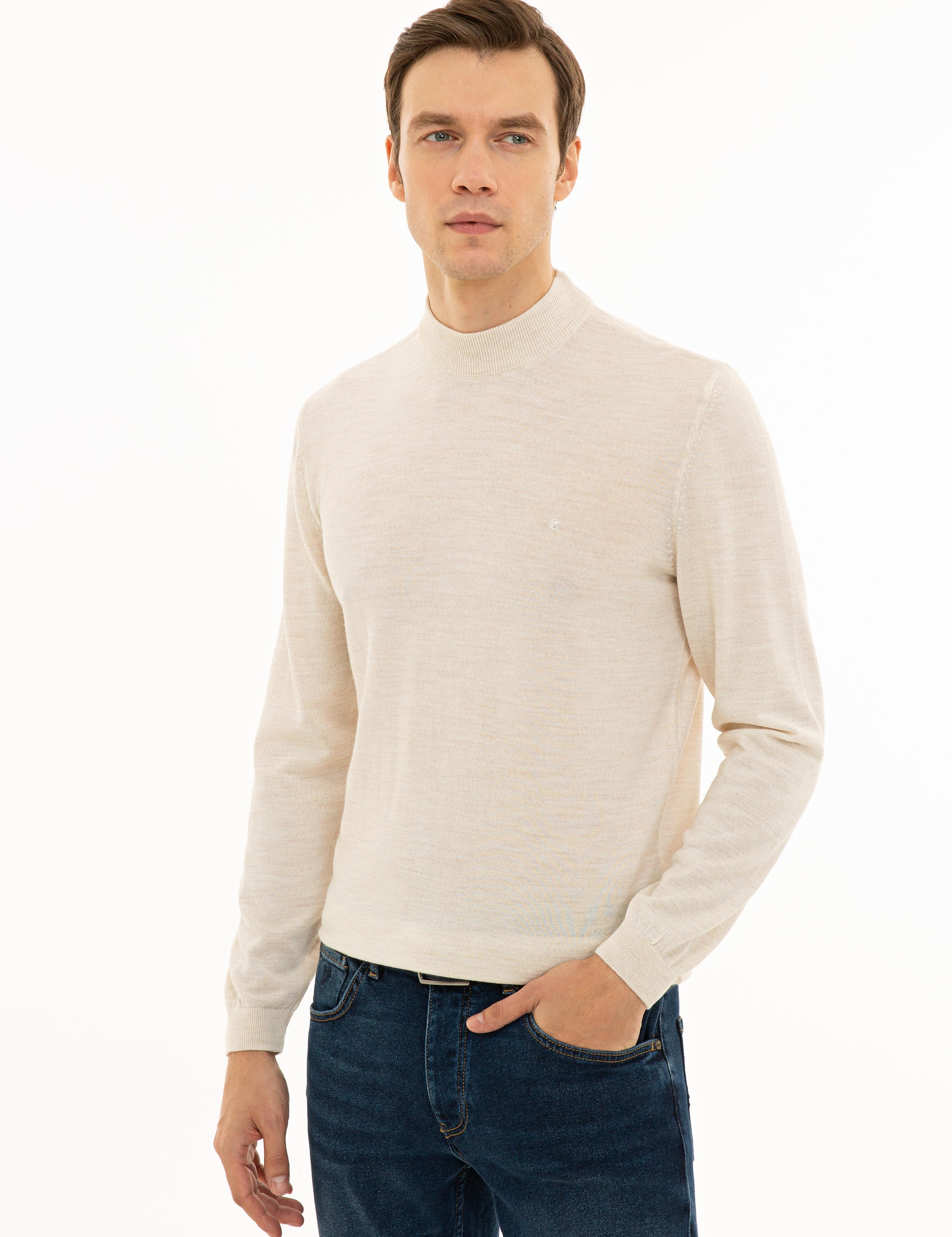 Bej Slim Fit Çeyrek Balıkçı Yaka Basic Triko Kazak - 50227576035