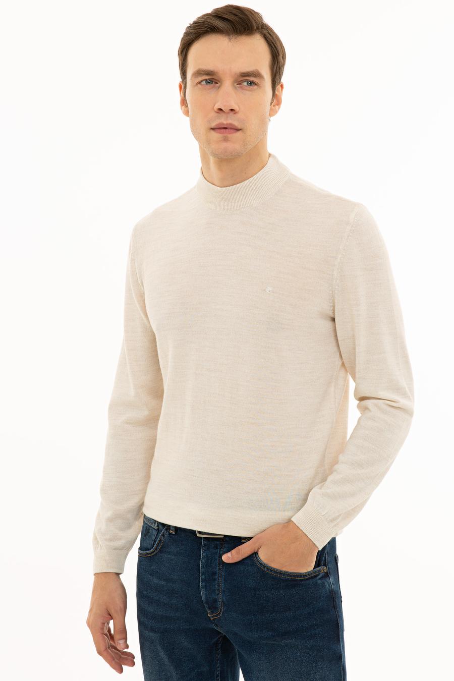 Bej Slim Fit Çeyrek Balıkçı Yaka Basic Triko Kazak - 50227576035