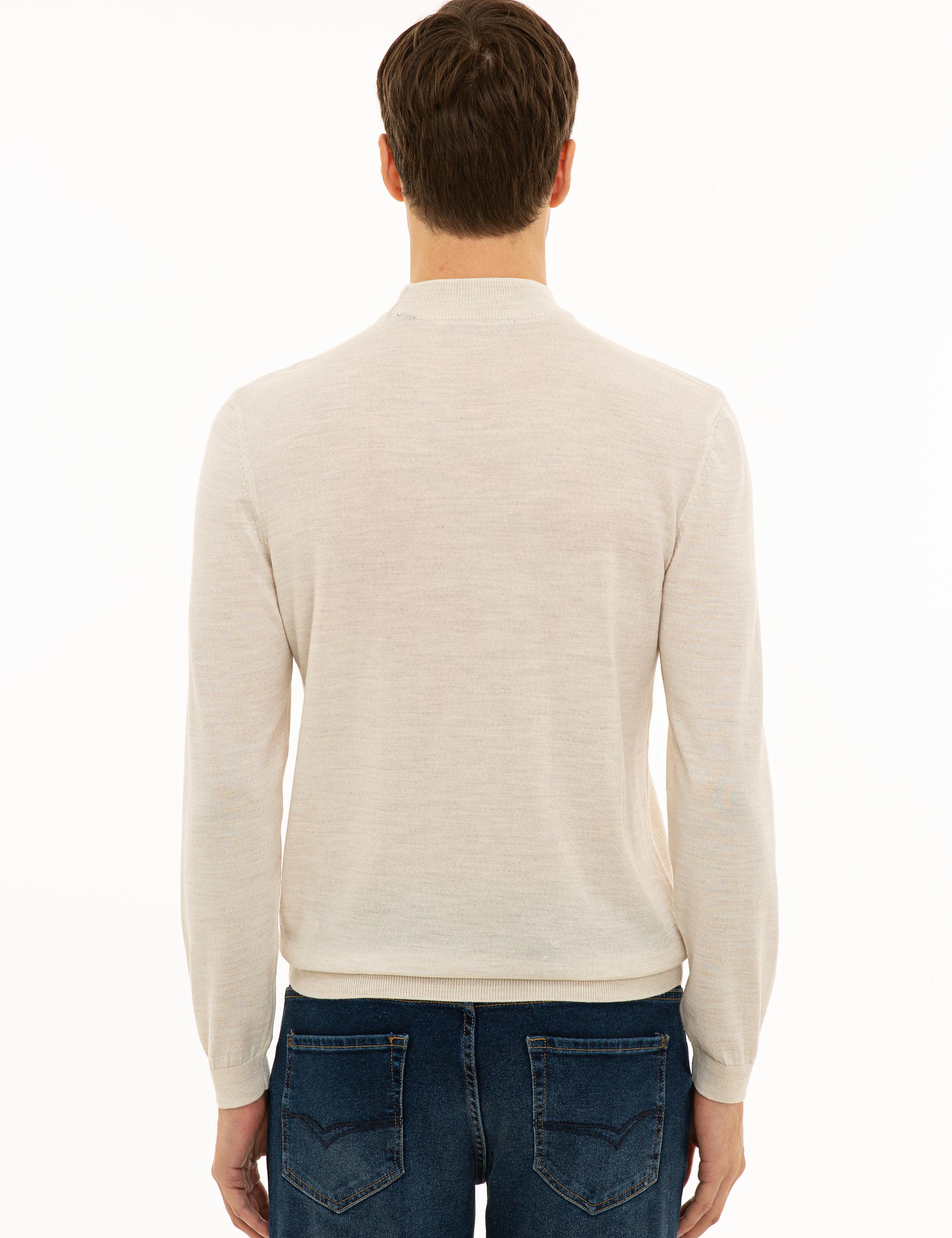 Bej Slim Fit Çeyrek Balıkçı Yaka Basic Triko Kazak - 50227576035