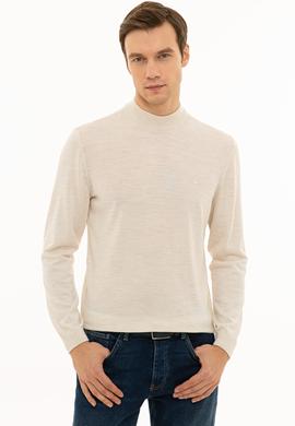 Bej Slim Fit Çeyrek Balıkçı Yaka Basic Triko Kazak