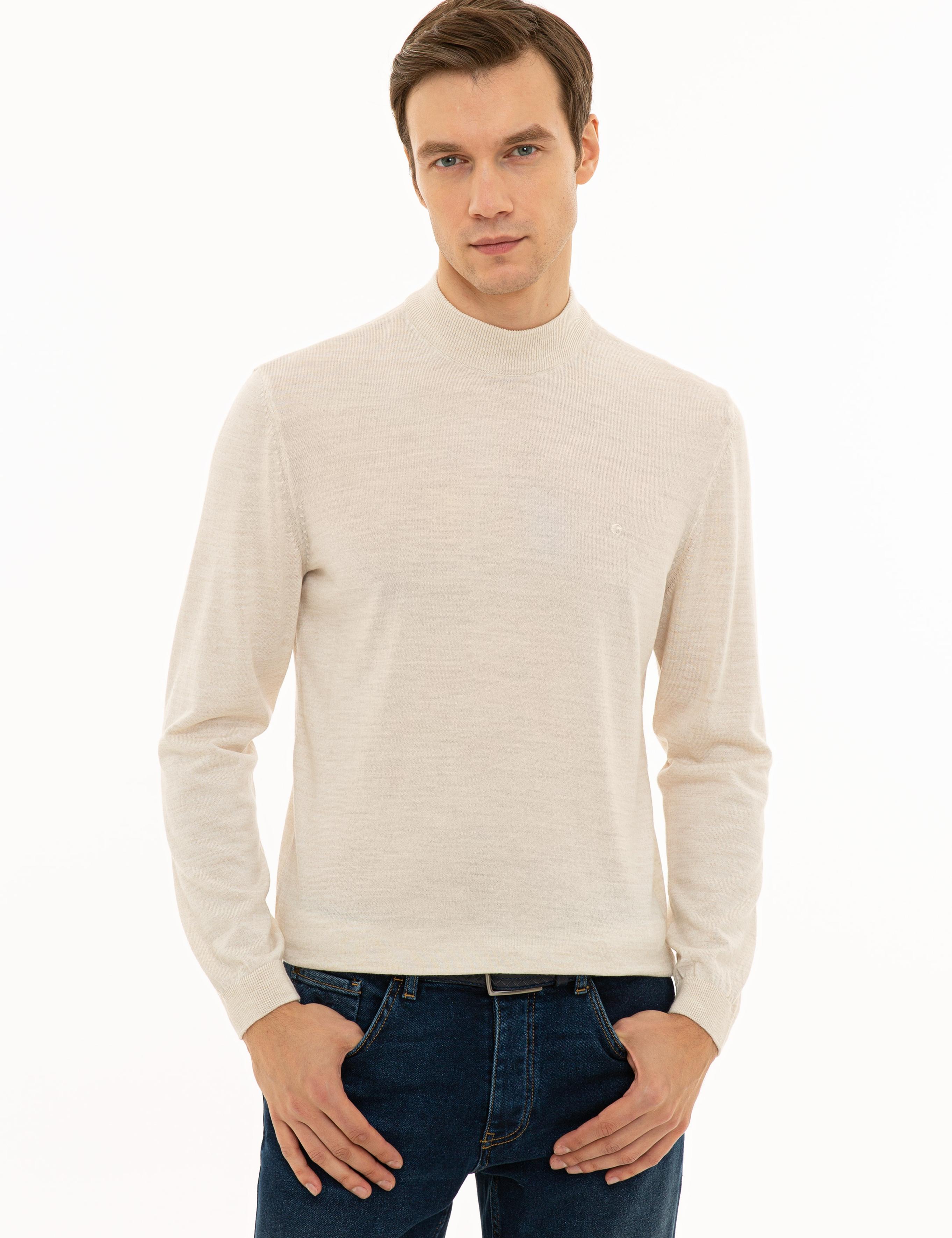 Bej Slim Fit Çeyrek Balıkçı Yaka Basic Triko Kazak - 50227576035