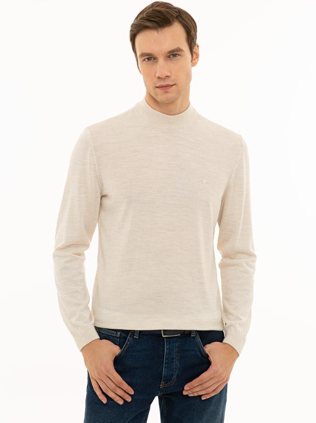 Bej Slim Fit Çeyrek Balıkçı Yaka Basic Triko Kazak