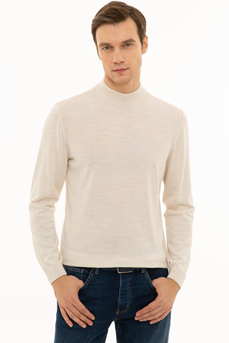 Bej Slim Fit Çeyrek Balıkçı Yaka Basic Triko Kazak - 50227576035