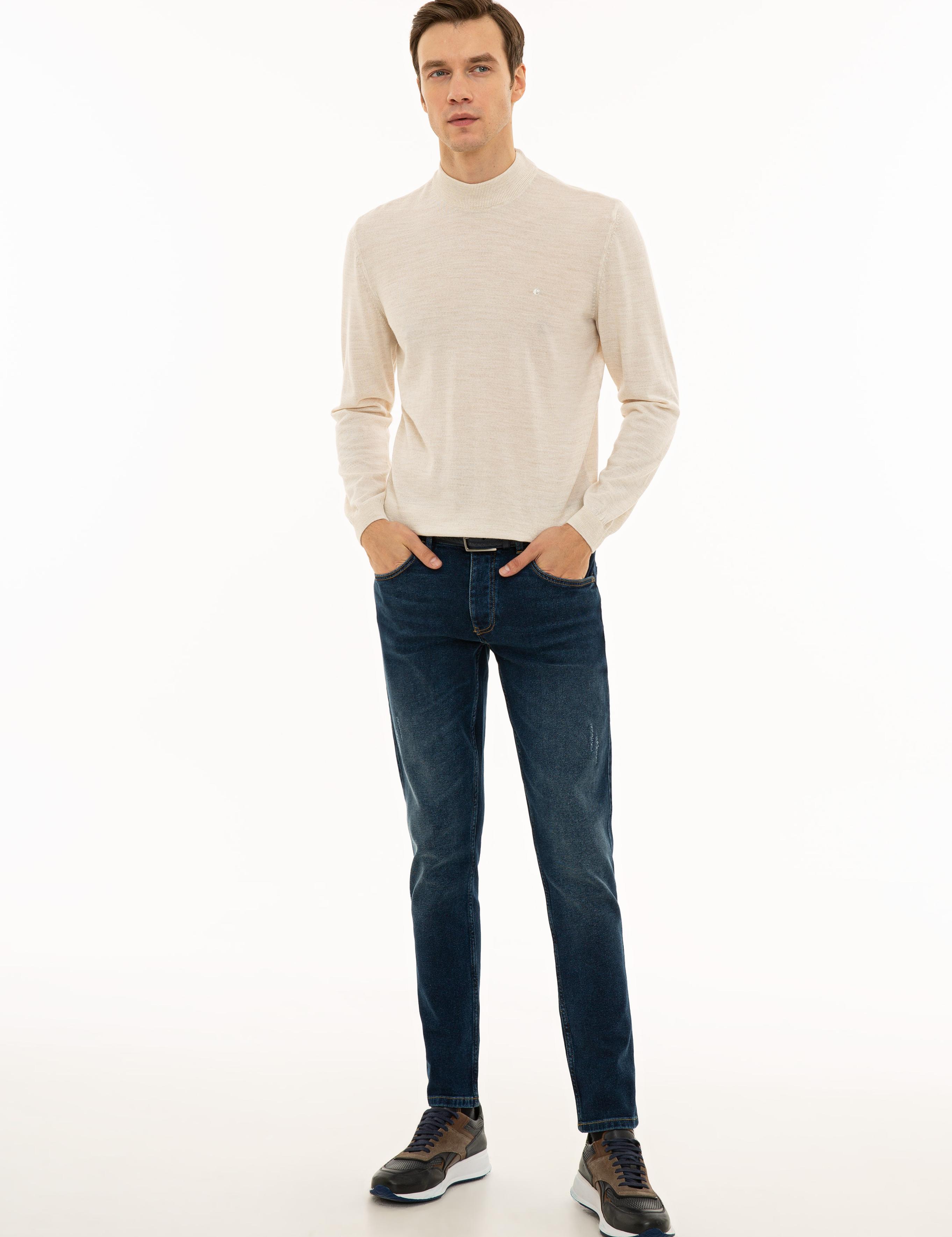 Bej Slim Fit Çeyrek Balıkçı Yaka Basic Triko Kazak - 50227576035