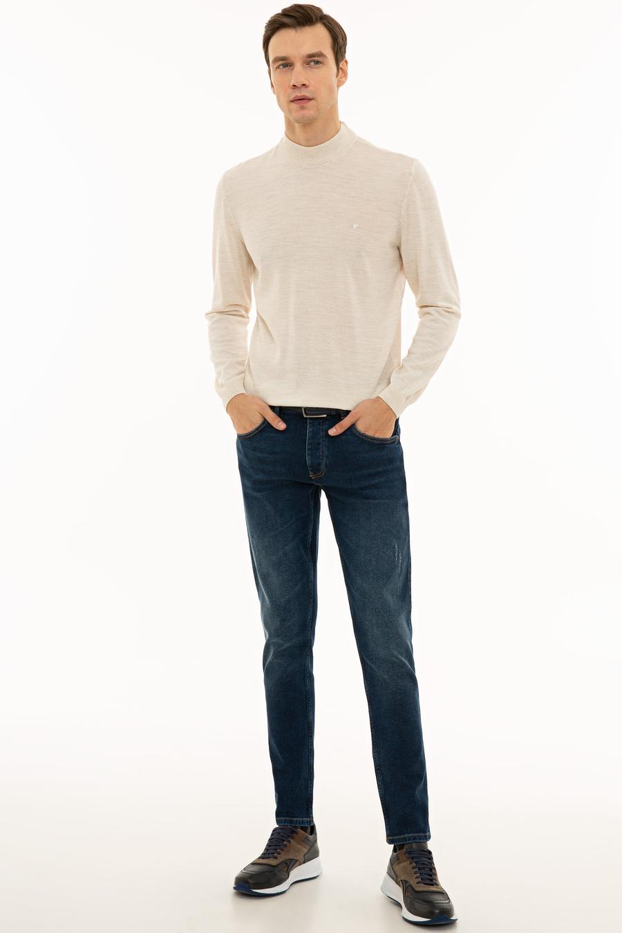 Bej Slim Fit Çeyrek Balıkçı Yaka Basic Triko Kazak - 50227576035