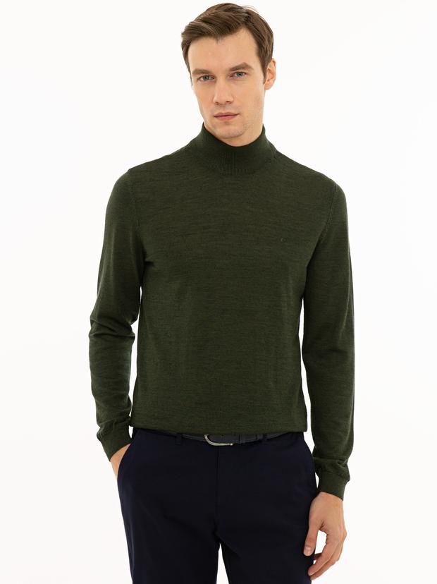 Haki Slim Fit Yarım Balıkçı Basic Triko Kazak