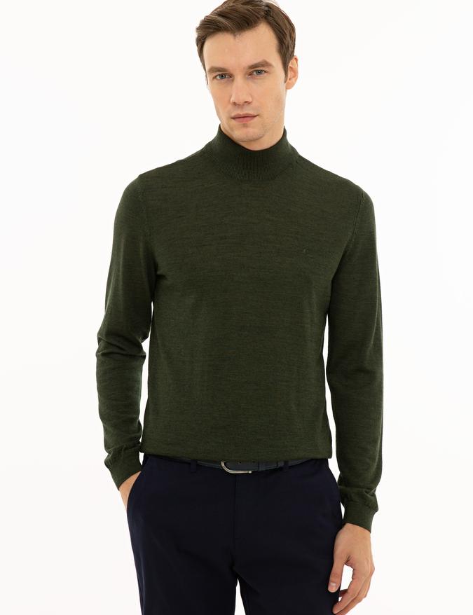 Haki Slim Fit Yarım Balıkçı Basic Triko Kazak