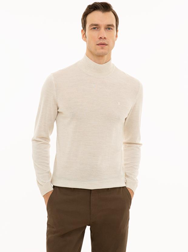 Bej Slim Fit Yarım Balıkçı Basic Triko Kazak
