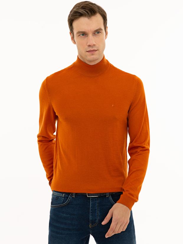 Turuncu Slim Fit Yarım Balıkçı Basic Triko Kazak