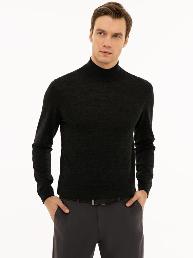 Antrasit Slim Fit Yarım Balıkçı Basic Triko Kazak