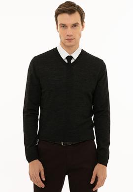 Antrasit Slim Fit V Yaka Basic Triko Kazak