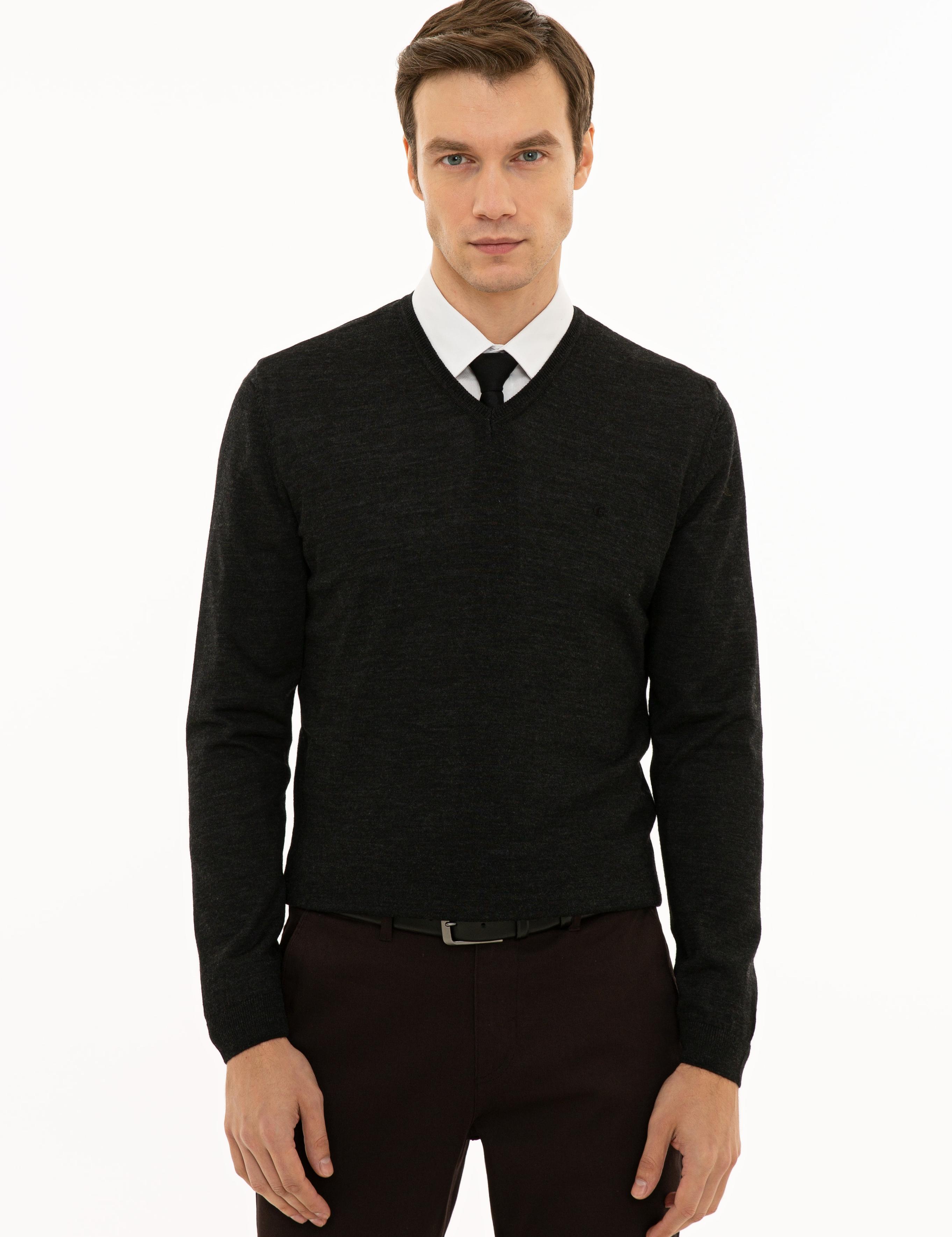 Antrasit Slim Fit V Yaka Basic Triko Kazak - 50229755034