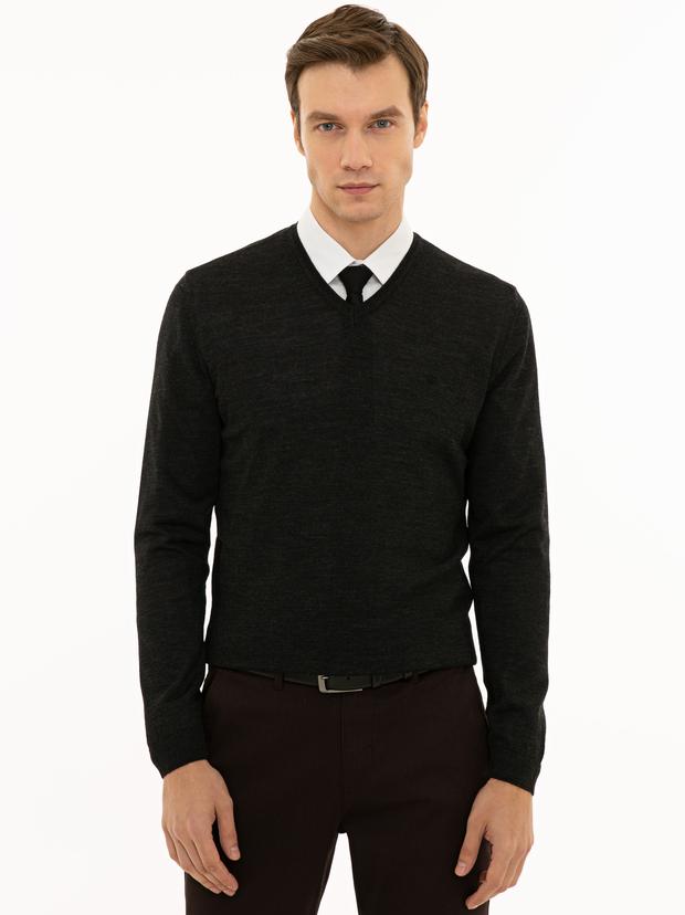 Antrasit Slim Fit V Yaka Basic Triko Kazak