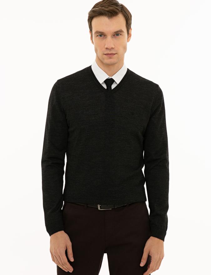 Antrasit Slim Fit V Yaka Basic Triko Kazak