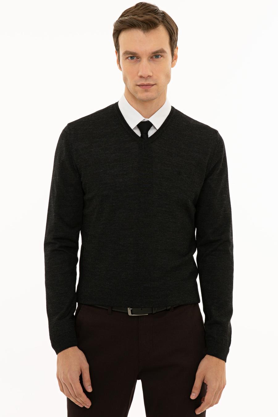 Antrasit Slim Fit V Yaka Basic Triko Kazak - 50229755034
