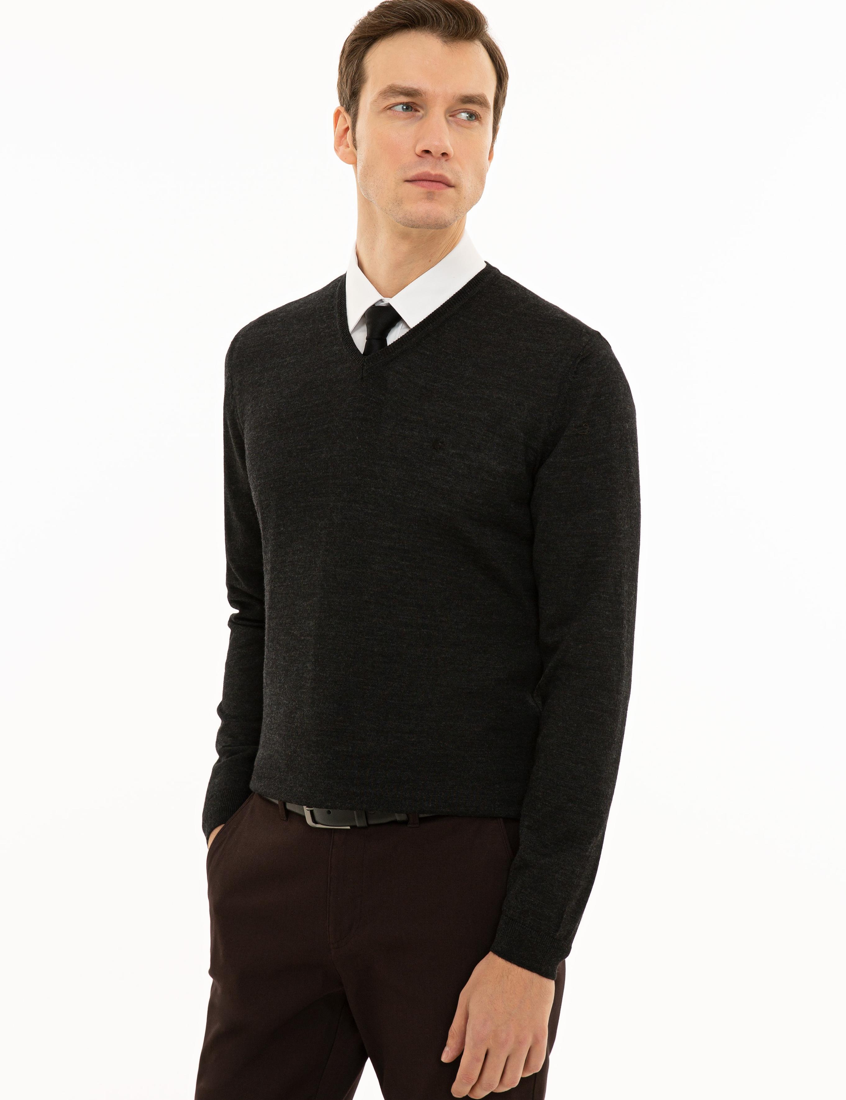 Antrasit Slim Fit V Yaka Basic Triko Kazak - 50229755034