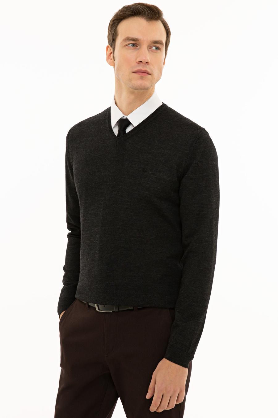 Antrasit Slim Fit V Yaka Basic Triko Kazak - 50229755034