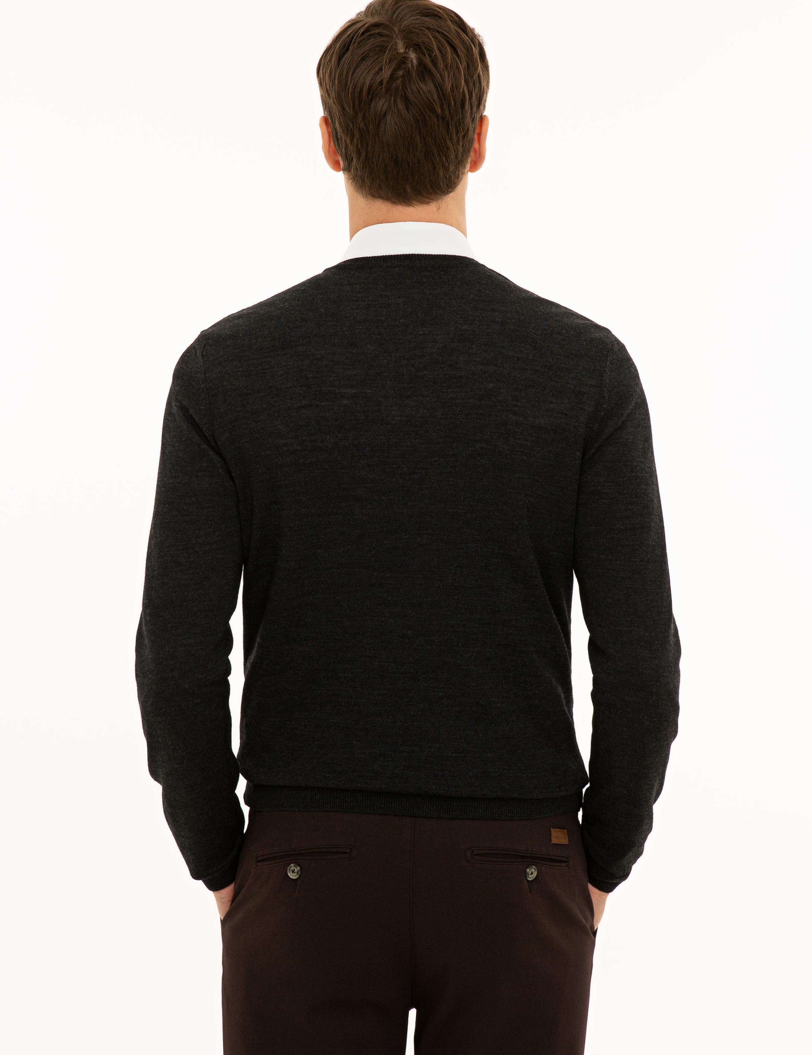 Antrasit Slim Fit V Yaka Basic Triko Kazak - 50229755034