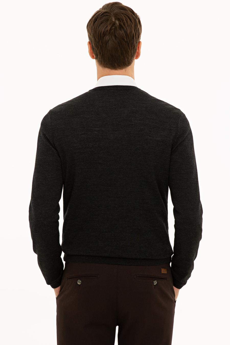 Antrasit Slim Fit V Yaka Basic Triko Kazak - 50229755034