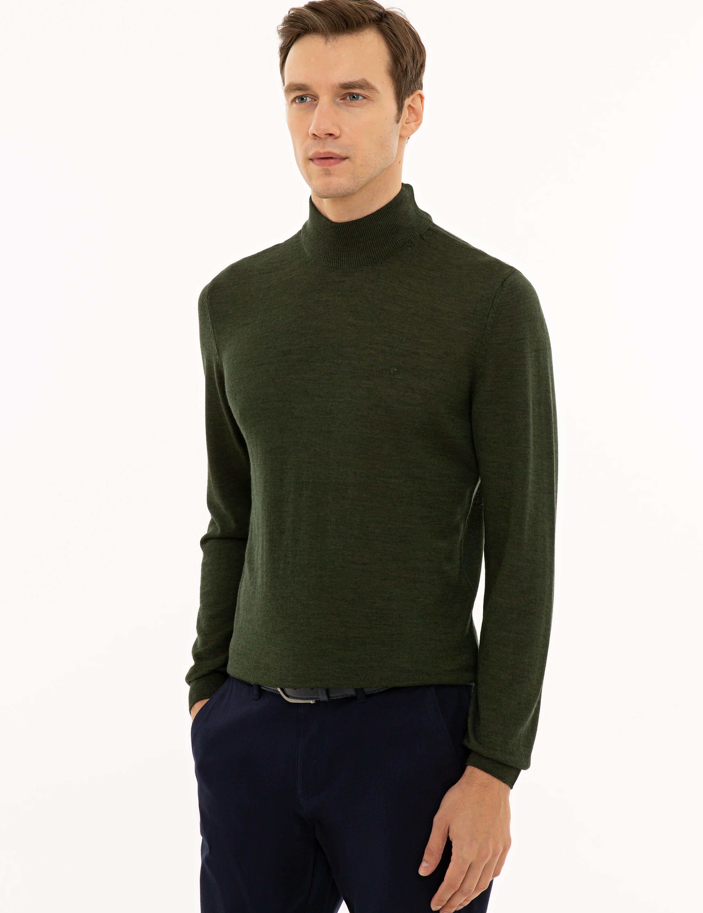 Haki Slim Fit Yarım Balıkçı Basic Triko Kazak - 50229754081