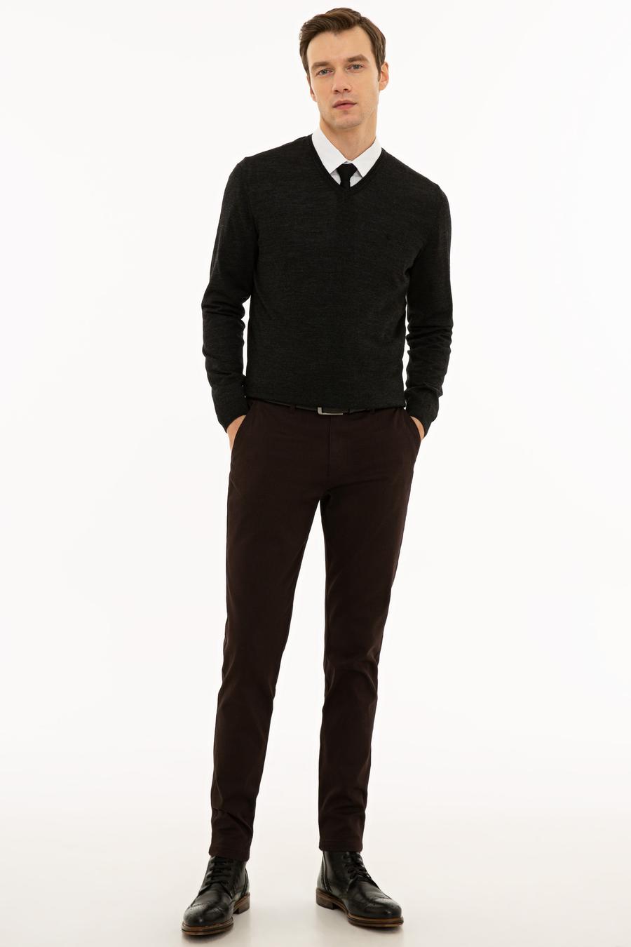 Antrasit Slim Fit V Yaka Basic Triko Kazak - 50229755034