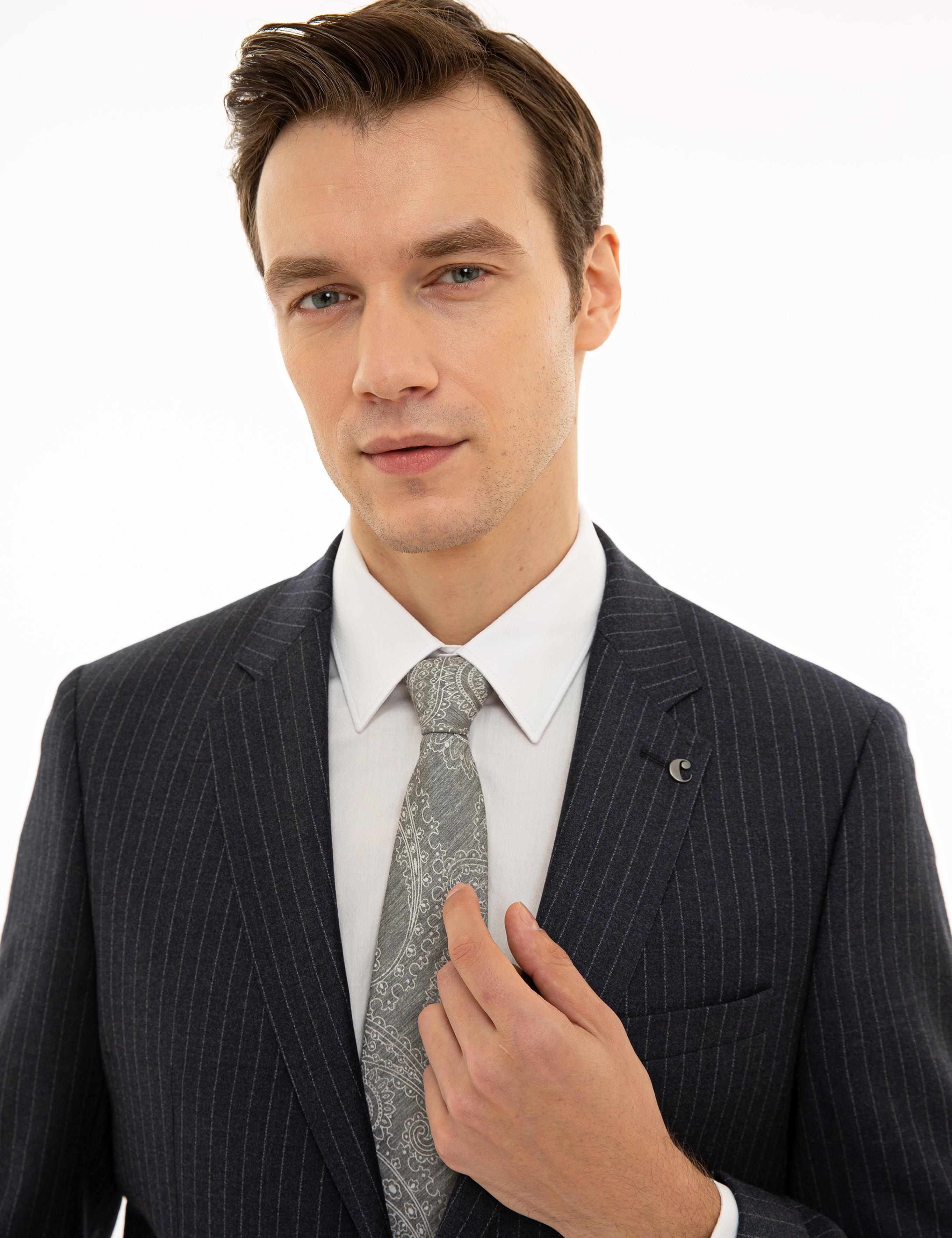 İndigo Slim Fit %100 Yün Çizgili Ceket - 50230576002
