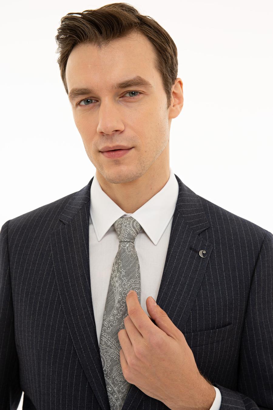 İndigo Slim Fit %100 Yün Çizgili Ceket - 50230576002