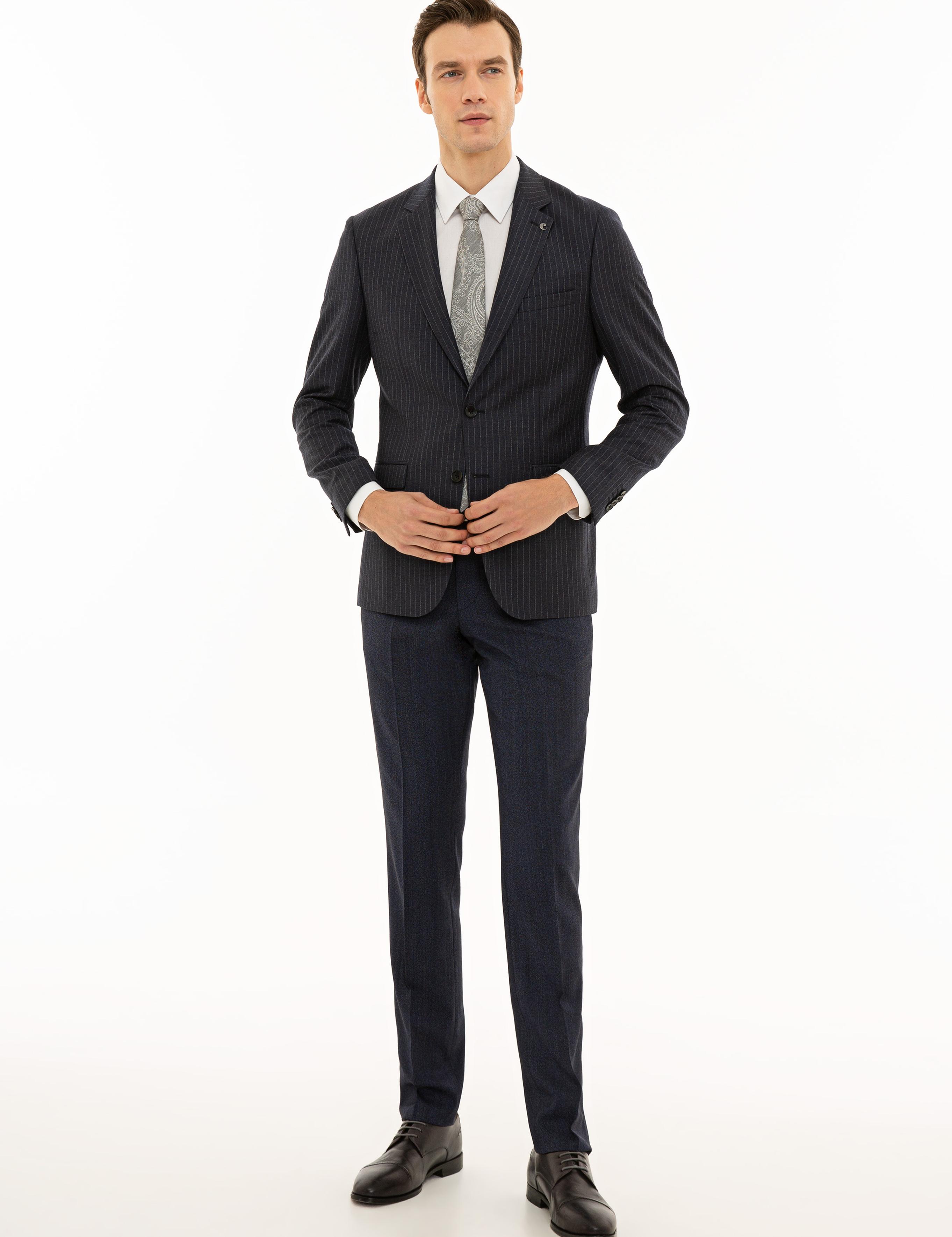 İndigo Slim Fit %100 Yün Çizgili Ceket - 50230576002