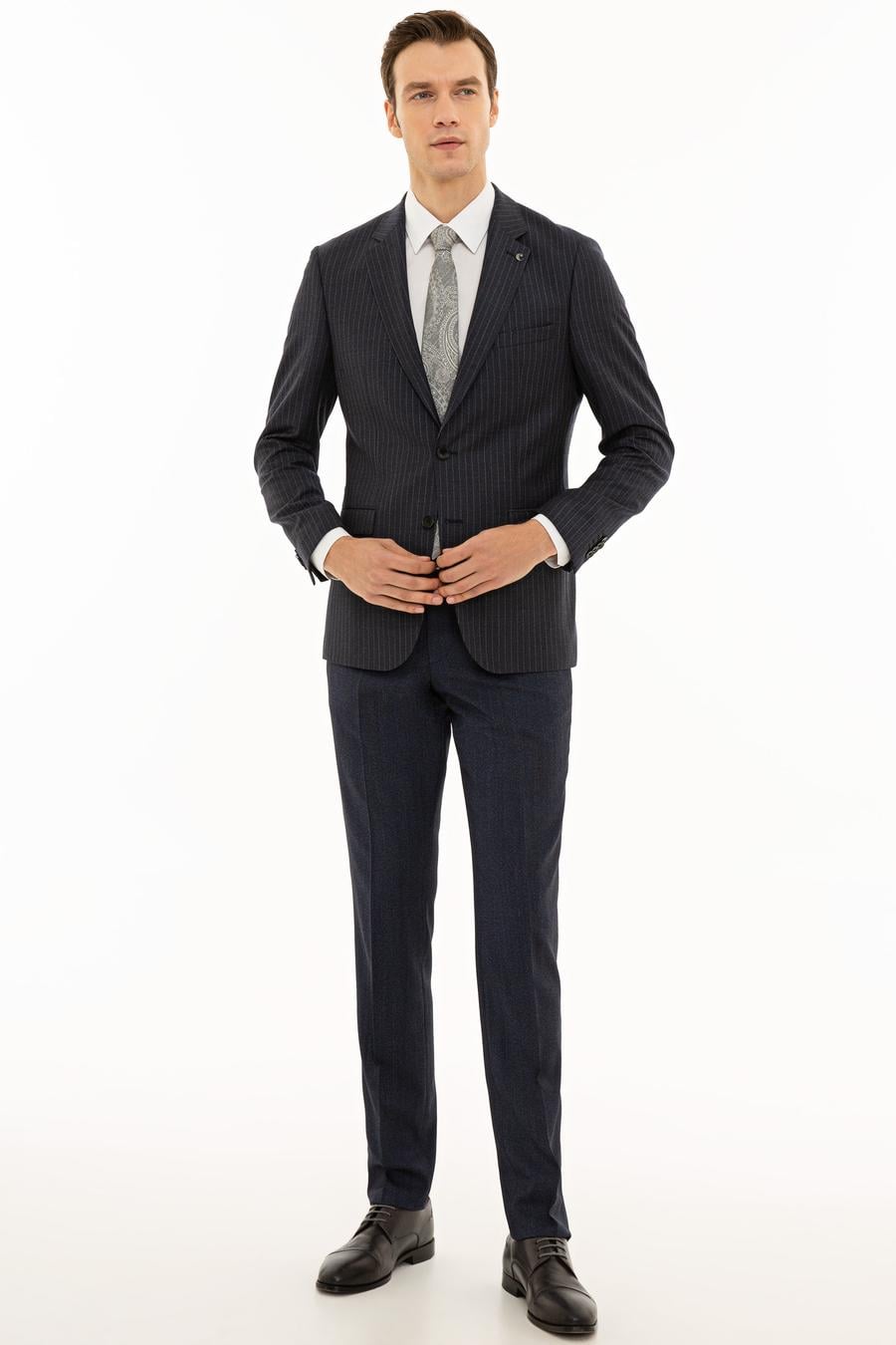İndigo Slim Fit %100 Yün Çizgili Ceket - 50230576002