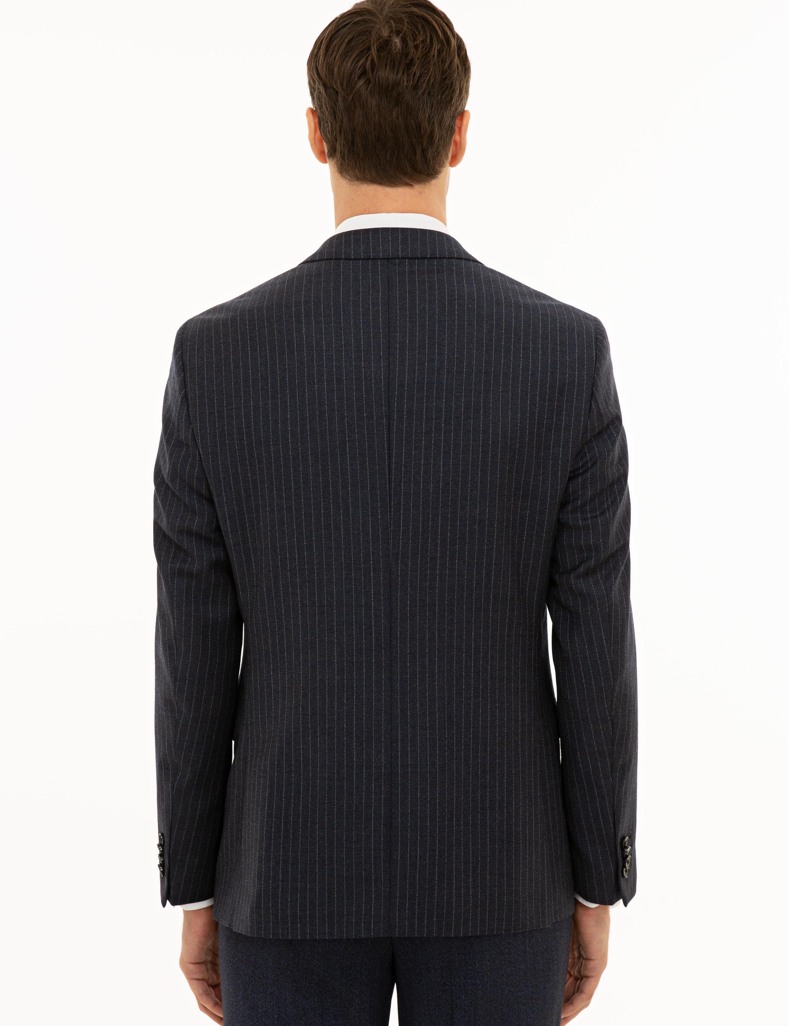 İndigo Slim Fit %100 Yün Çizgili Ceket - 50230576002