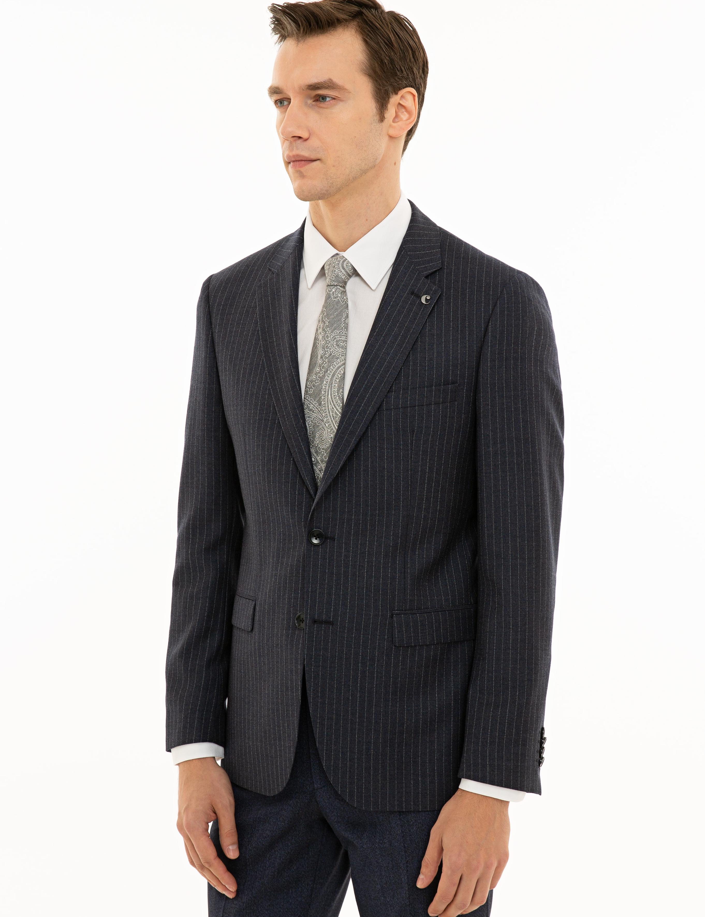İndigo Slim Fit %100 Yün Çizgili Ceket - 50230576002