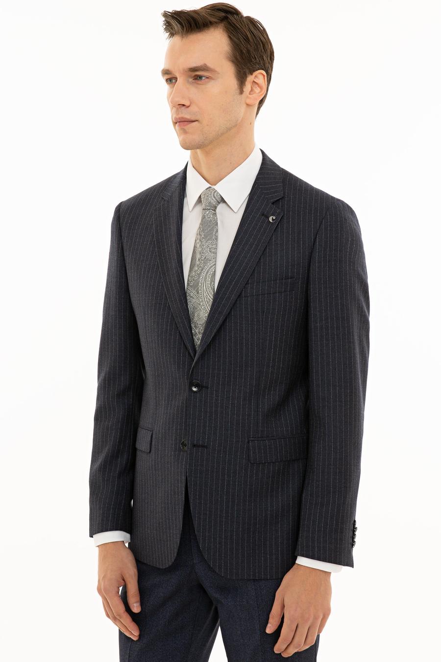 İndigo Slim Fit %100 Yün Çizgili Ceket - 50230576002