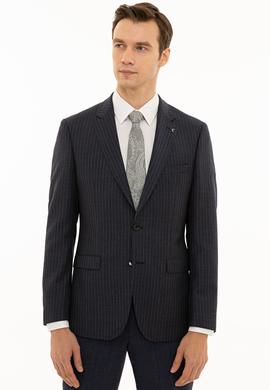 İndigo Slim Fit %100 Yün Çizgili Ceket