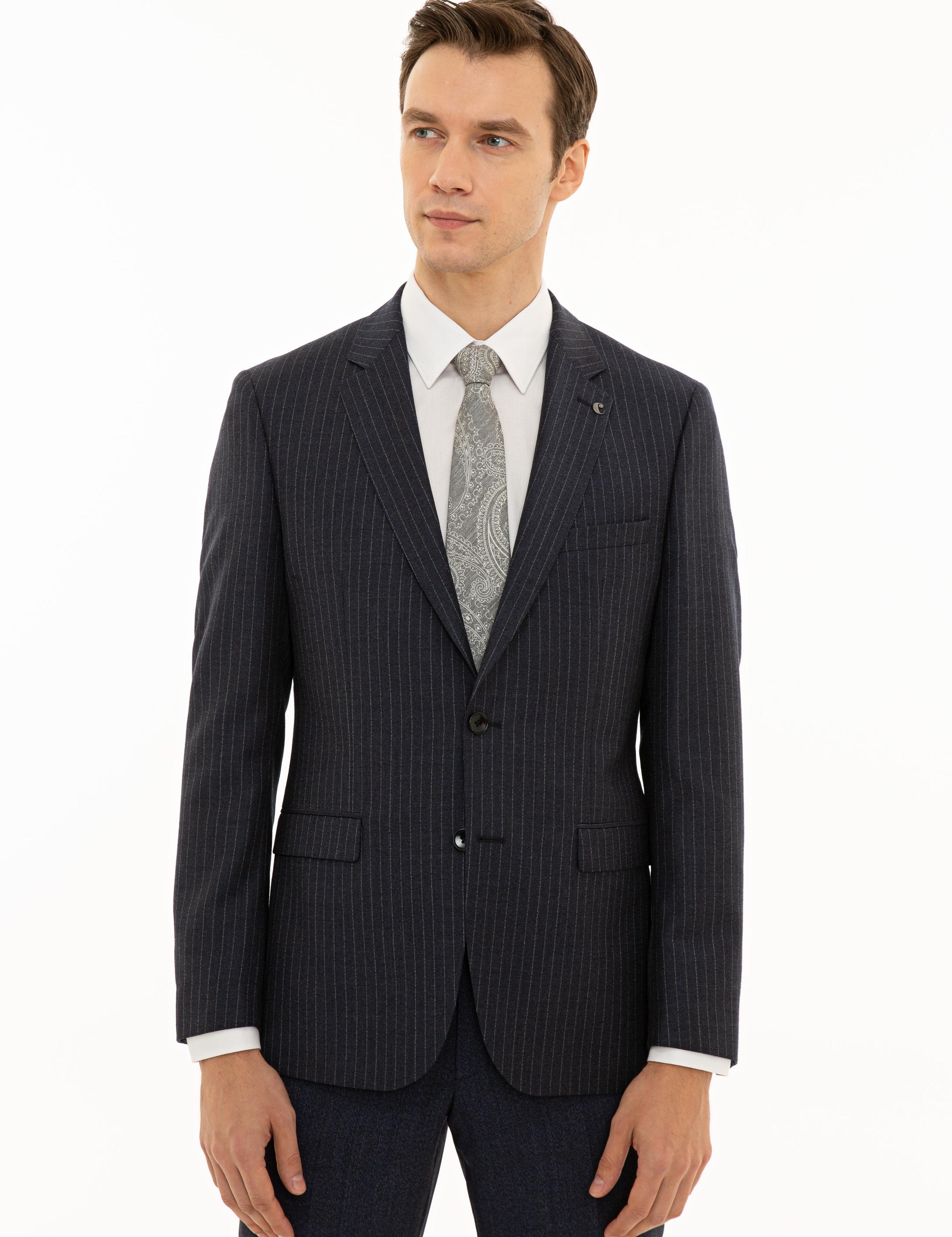 İndigo Slim Fit %100 Yün Çizgili Ceket - 50230576002
