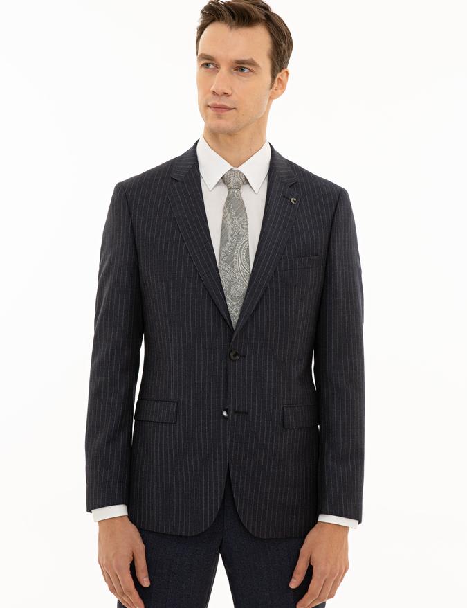 İndigo Slim Fit %100 Yün Çizgili Ceket